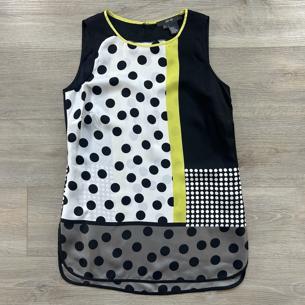 Per Se Women's Size 0 Silk Sleeveless Retro Polka Dot Colorblock Blouse